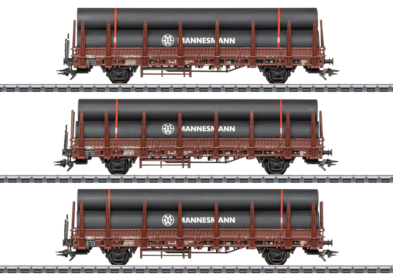 Artikel Bild: Märklin H0 46563 Rungenwagen-Set 1 mit Stahlröhren-Beladung, Ep. IV
