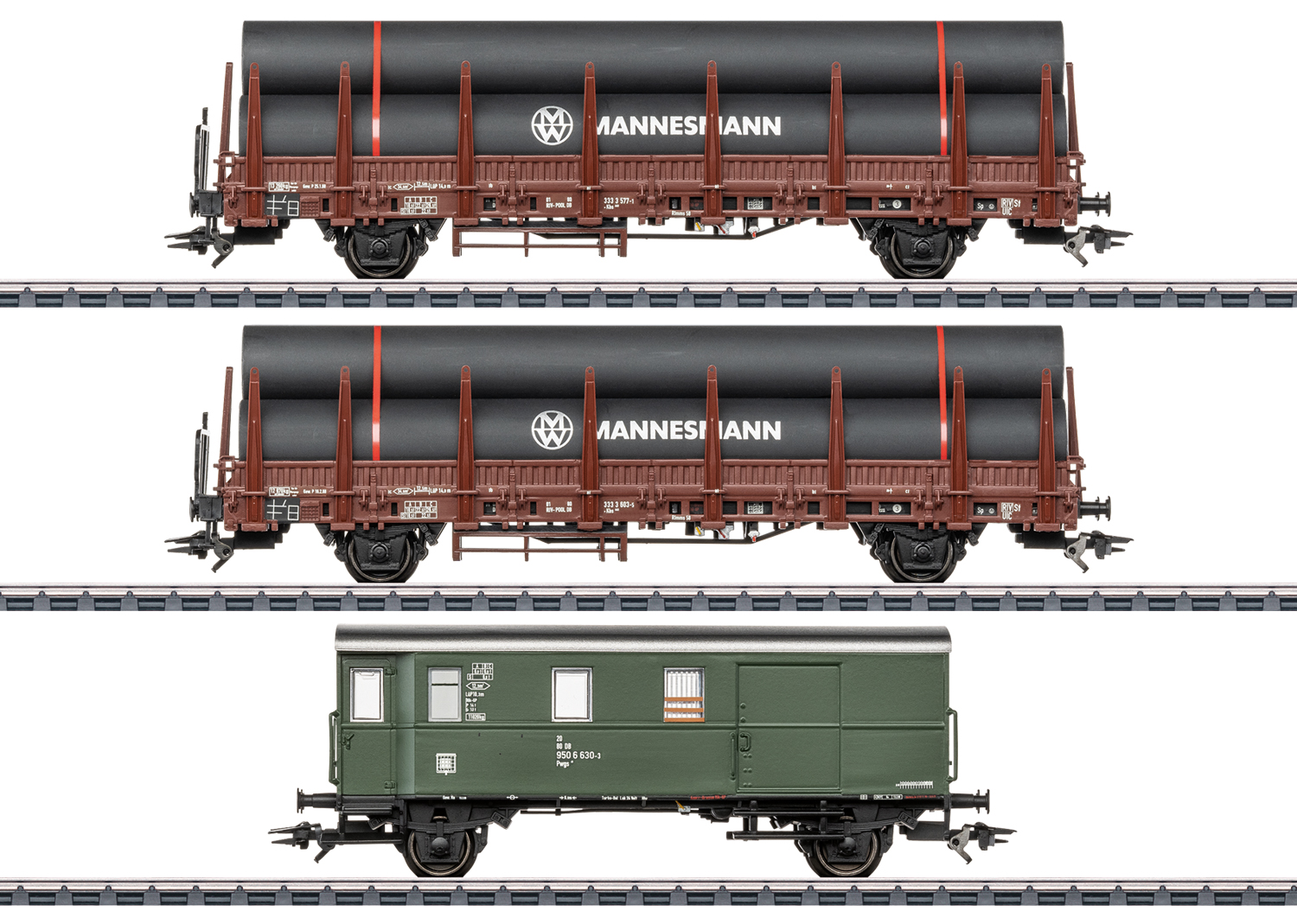 Artikel Bild: Märklin H0 46569 Rungenwagen-Set 2 mit Stahlröhren-Beladung, Ep. IV